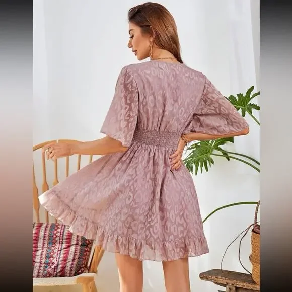 Cute Leopard Print Empire Waist Ruched Flutter Sleeve Mini Dress Pink Size XS - Picture 2 of 8